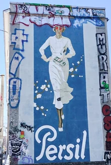 Die Persilfrau – historische Werbefigur als Wandmalerei in Leipzig-Plagwitz