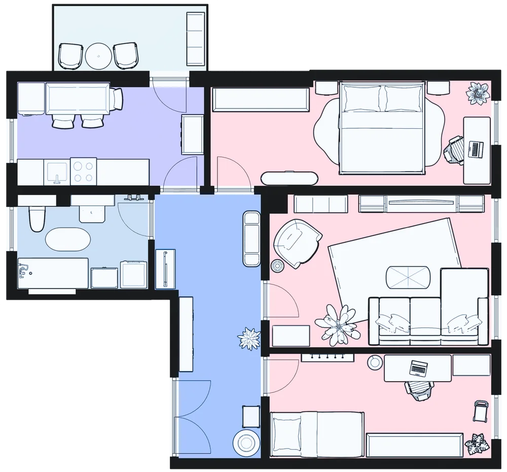 Grundriss 3-Zimmer Wohnung in Leipzig Plagwitz – großzügige Raumaufteilung mit Schlafzimmer, Kinderzimmer, Wohnzimmer, Küche und Bad, ideal für Familien