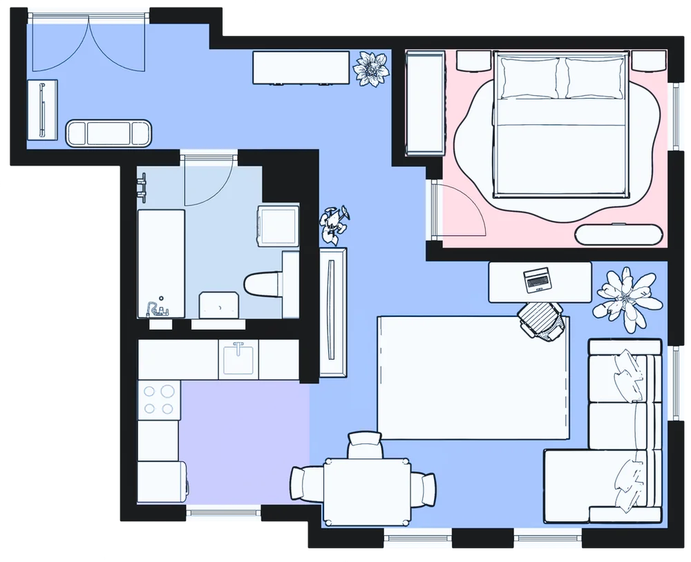 Grundriss 2-Zimmer Wohnung in Leipzig Plagwitz – moderne Aufteilung mit Schlafzimmer, Wohnzimmer, Küche und Bad, ideal für Singles oder Paare