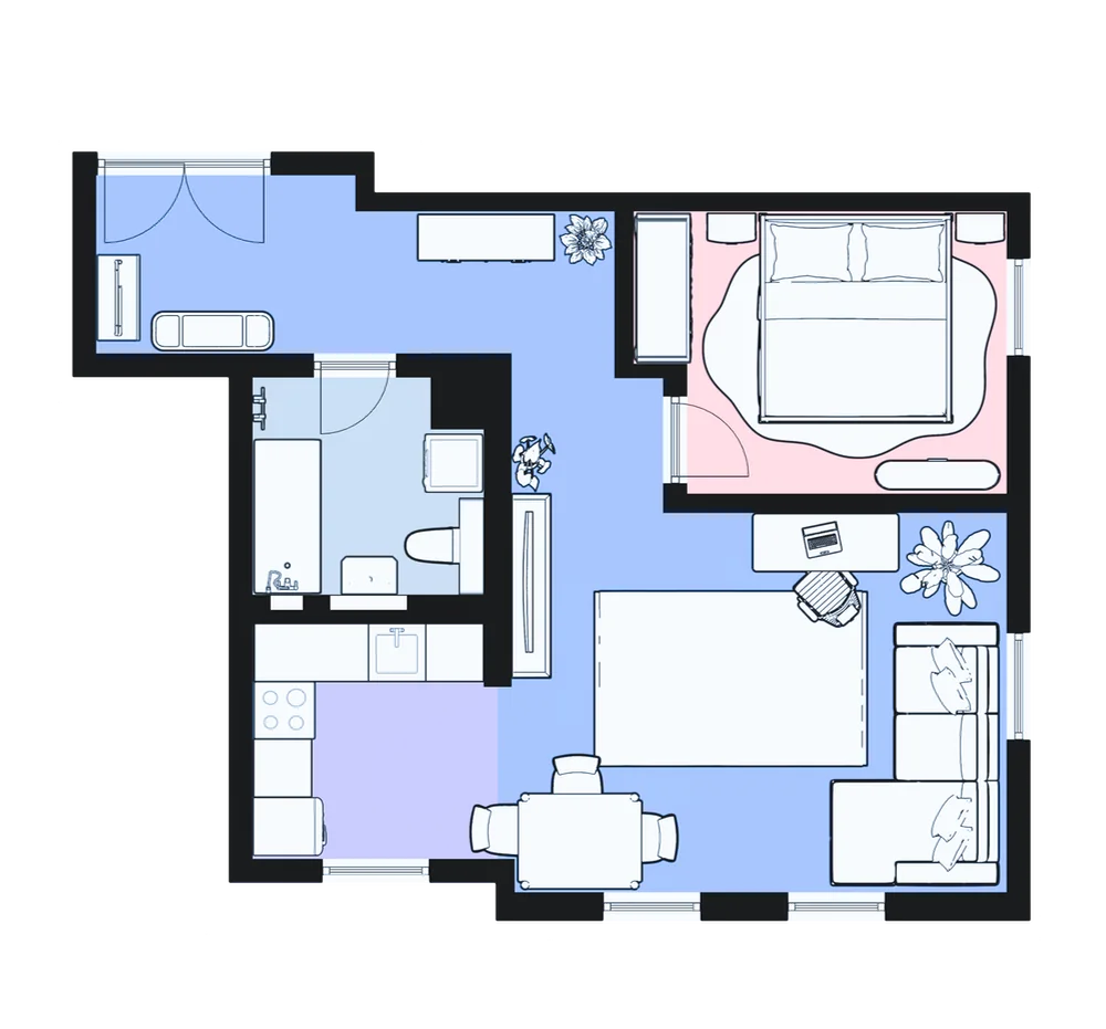 Grundriss 2-Zimmer Wohnung in Leipzig Plagwitz – moderne Aufteilung mit Schlafzimmer, Wohnzimmer, Küche und Bad, ideal für Singles oder Paare
