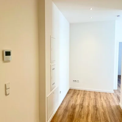 Flur der Wohnung in Leipzig-Plagwitz mit weißen Wänden und modernem Laminatboden